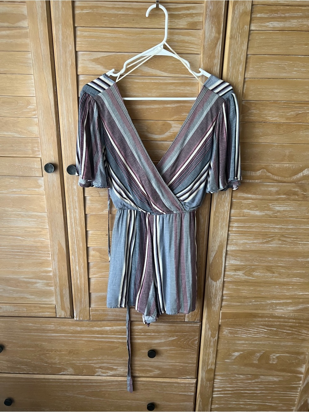 Trixxi Striped Wrap Romper in Mauve, Blue & Cream
